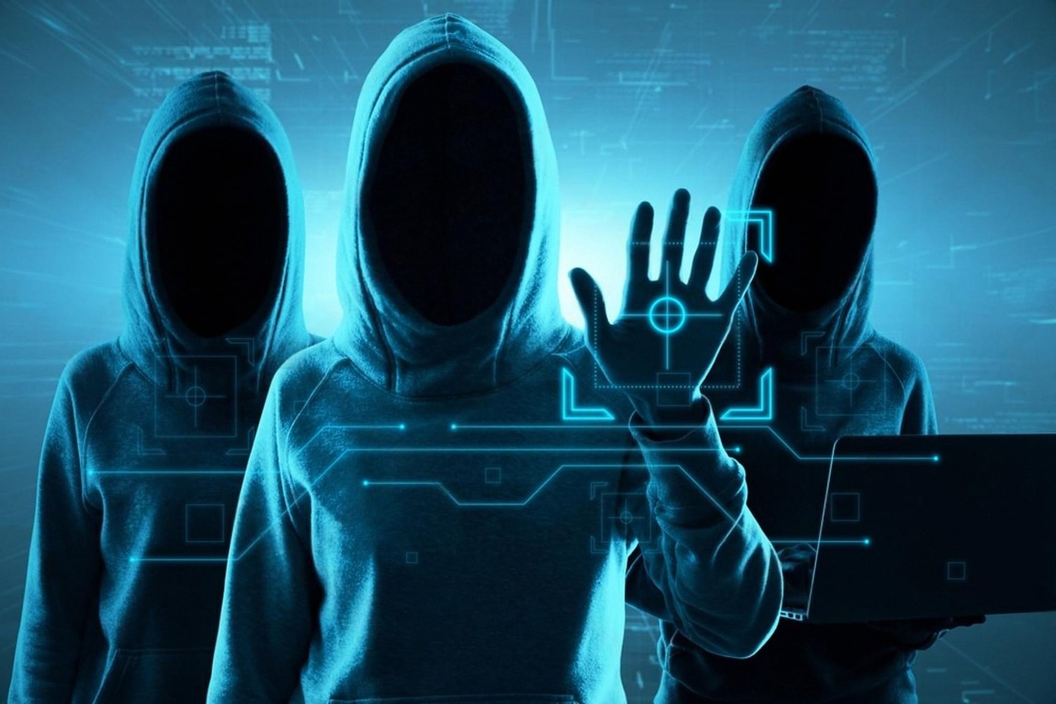 Three hooded hackers with circuit overlays representing phishing and ransomware threats to UAE companies